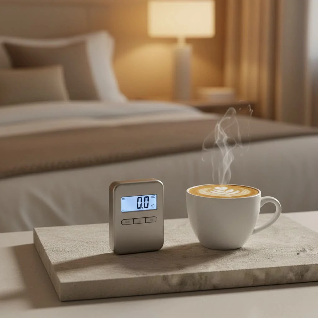 Person weighing a suitcase with a digital luggage scale