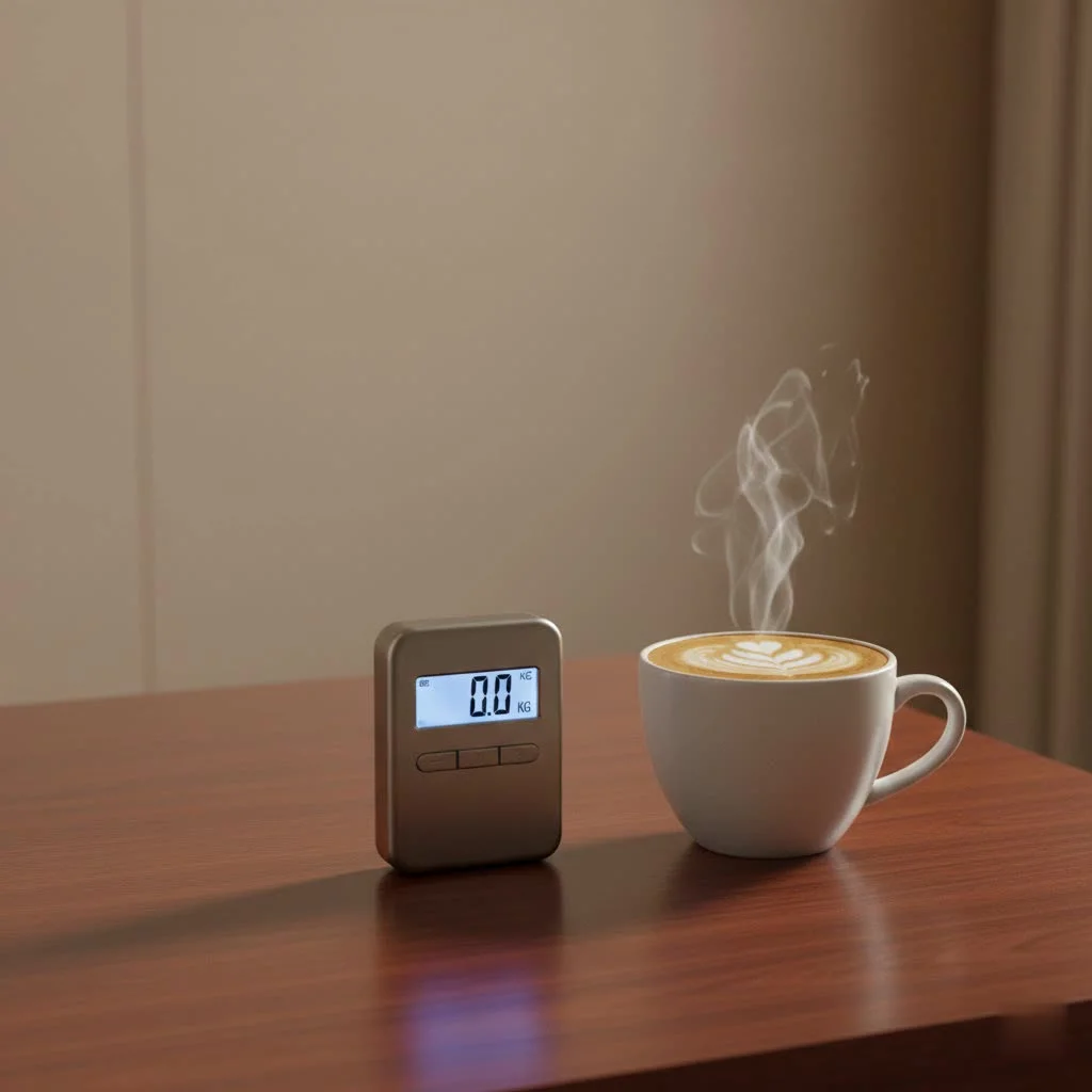 Digital luggage scale weighing a black suitcase