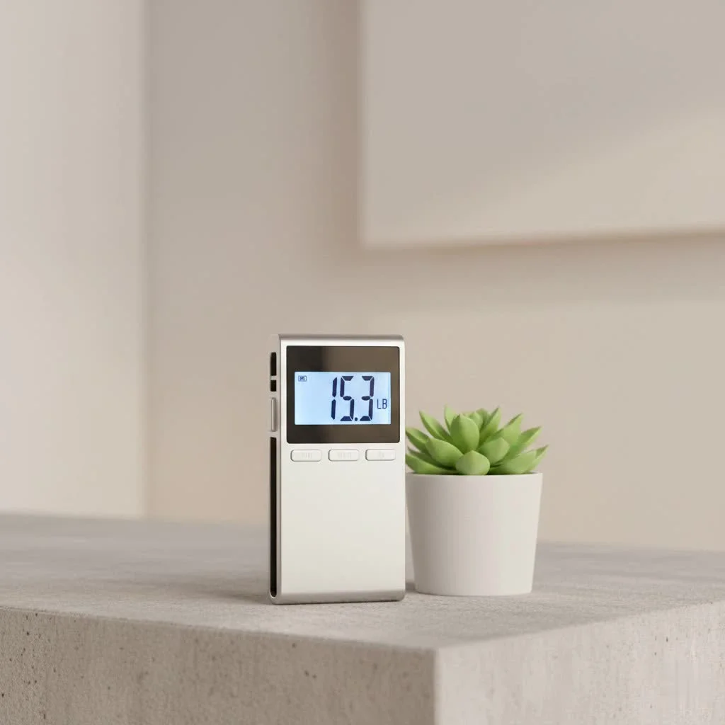 Close-up of a hand holding a rechargeable luggage scale weighing a suitcase