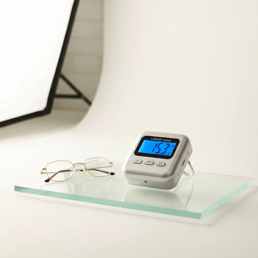 Digital luggage scale weighing a suitcase at home