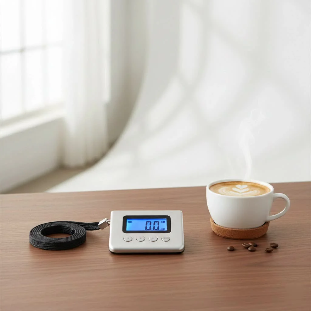 Traveler weighing a suitcase with a handheld luggage scale