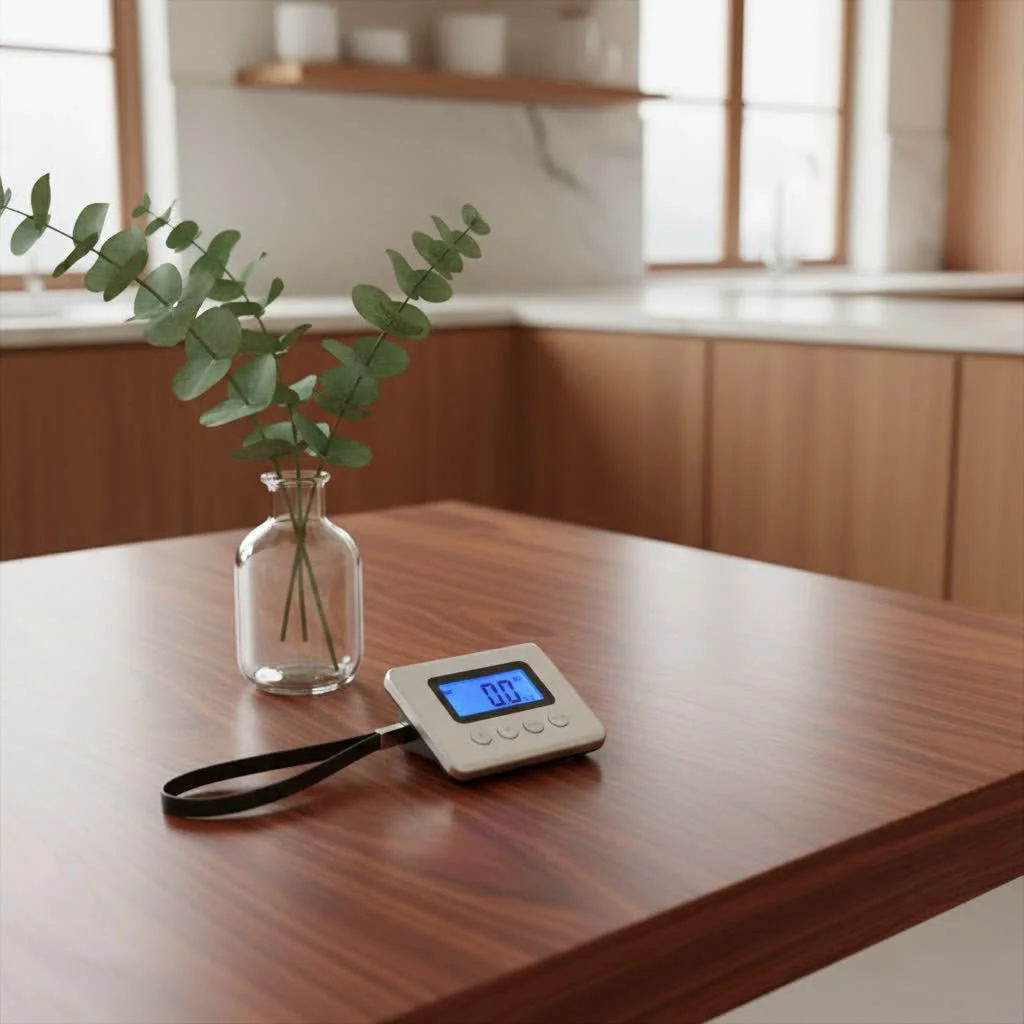 Digital luggage scale measuring a suitcase