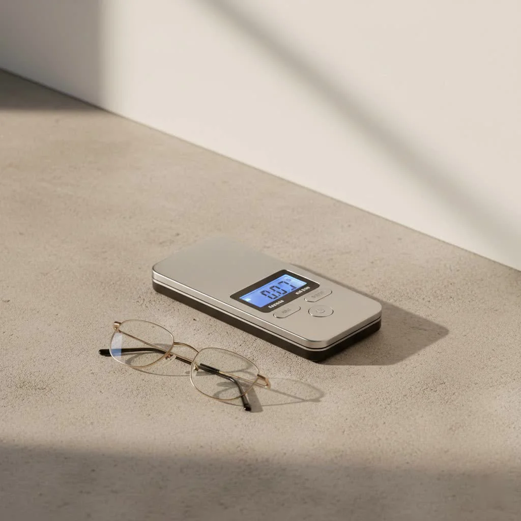 Digital luggage scale weighing a black suitcase